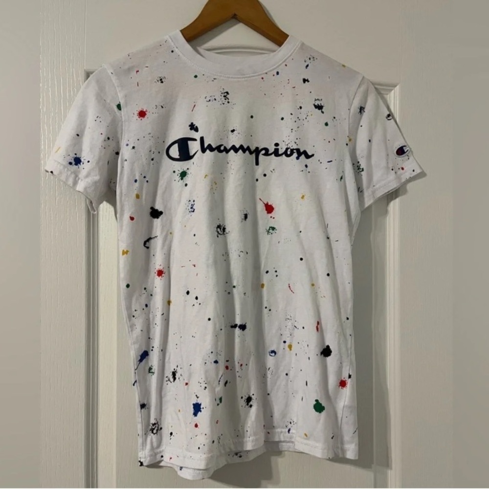 Champion White Short Sleeve Tee with Multicolor Paint Splatter